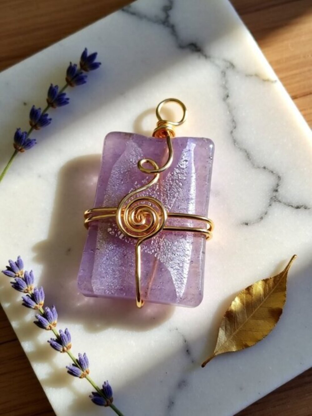 Pale Lavender Lilac Silver Foil Dichroic Glass Pendant - Wire Wrapped & Feminine